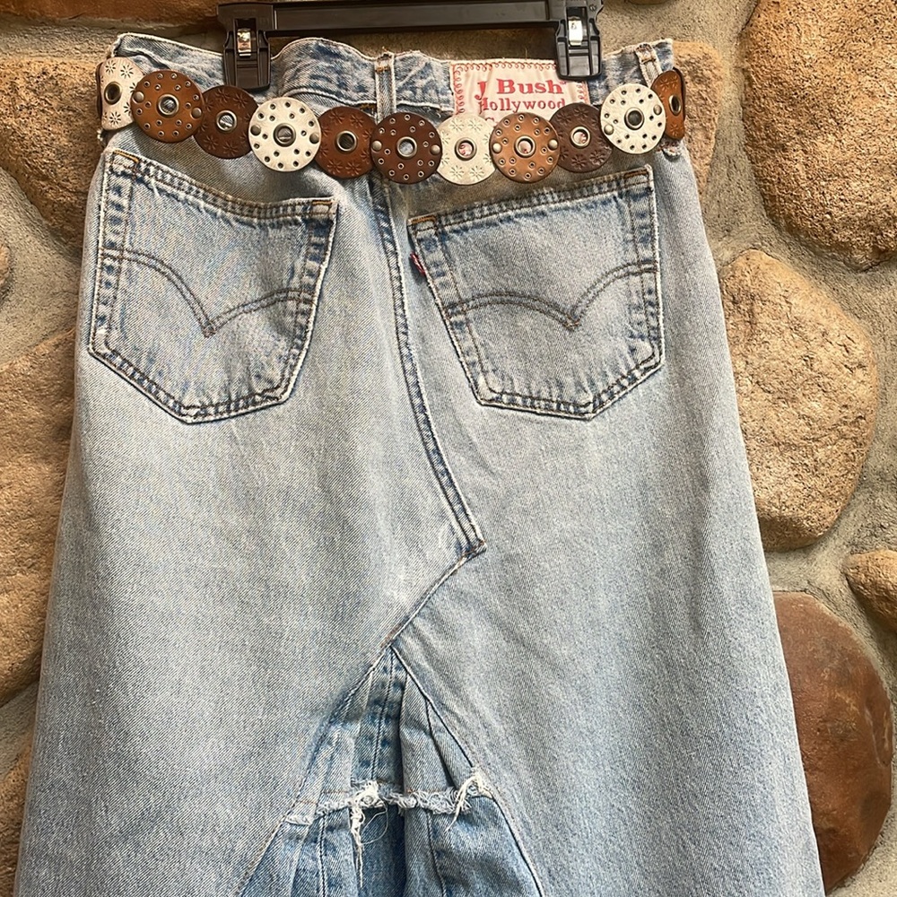 J BUSH HOLLYWOOD CREATIONS awesome distressed Denim Maxi Skirt festival! Sz 29 - Picture 5 of 10
